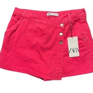 Zara Skort Hot Pink Button Front Denim Skirt Shorts L